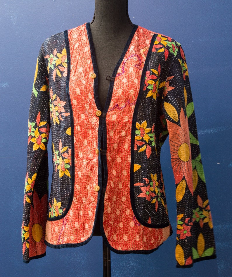 Floral Black kantha quilted Jacket Vintage Cotton Jacket | Etsy