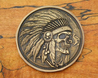 3D Engraved Brass Chieftain Coin with Buffalo Scene