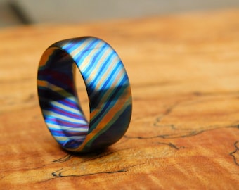 Flame Anodized Timascus Ring, Solid Metal Band