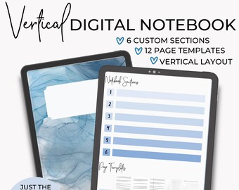 Vertical Digital Notebook | 6 Tab Minimalist Notebook | 12 Note-taking Templates | GoodNotes Digital Notebook
