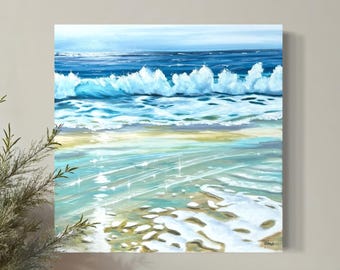Oil Seascape Painting, Ocean Waves Coastal Art, Abstract Lansdscape, 12x12in, Living Room Wall Art