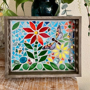 Stained Glass Mosaic Tray: Butterfly & Flower Garden Art