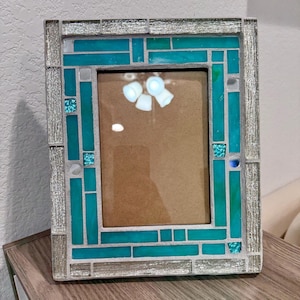 Stained Glass Mosaic Picture Frame: Aqua Blue & Silver Art Frame