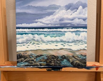 Original Oil Seascape Painting, Southern California Coastal Waves, 12x12in Wall Art