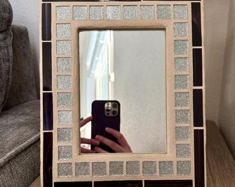 Einzigartiger Spiegel, Hochzeitsgeschenk für Paar, Lila mit Silber funkelt Glasmalerei-Spiegel 5 x 7 Zoll, Jahrestag, Geburtstag, Andenken