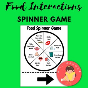 Puede incluir: Un juego de ruleta de interacci&oacute;n con alimentos imprimible con una rueda colorida dividida en 7 secciones. Cada secci&oacute;n tiene una acci&oacute;n diferente para realizar con los alimentos, como "Poner la comida en la boca", "Oler la comida", "Lamer la comida", "Tocar la comida", "Tirar la comida", "Soplar la comida" y "Besar la comida".
