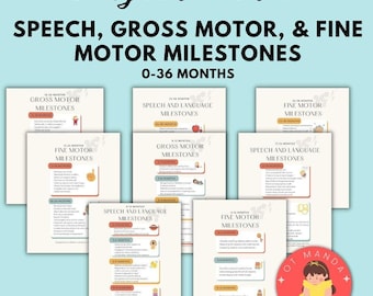 May include: A set of eight printable charts with information about speech, gross motor, and fine motor milestones for children from 0 to 36 months. Each chart is colorfully designed with illustrations and text.