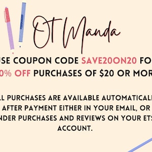 Puede incluir: Una ilustraci&oacute;n de dos bol&iacute;grafos en rosa y azul con el texto "!! OT Manda" encima del texto "UTILIZA EL C&Oacute;DIGO DE CUP&Oacute;N SAVE200N20 PARA UN 20% DE DESCUENTO EN COMPRAS DE $20 O M&Aacute;S" y el texto "TODAS LAS COMPRAS EST&Aacute;N DISPONIBLES AUTOM&Aacute;TICAMENTE DESPU&Eacute;S DEL PAGO, YA SEA EN TU CORREO ELECTR&Oacute;NICO O EN COMPRAS Y EVALUACIONES EN TU CUENTA DE ETSY." debajo. Un cepillo de dientes azul con cerdas rosas est&aacute; en la esquina inferior derecha de la imagen.