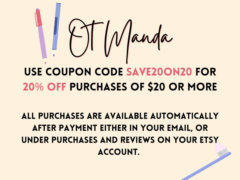 Puede incluir: Una ilustraci&oacute;n de dos bol&iacute;grafos en rosa y azul con el texto "!! OT Manda" encima del texto "UTILIZA EL C&Oacute;DIGO DE CUP&Oacute;N SAVE200N20 PARA UN 20% DE DESCUENTO EN COMPRAS DE $20 O M&Aacute;S" y el texto "TODAS LAS COMPRAS EST&Aacute;N DISPONIBLES AUTOM&Aacute;TICAMENTE DESPU&Eacute;S DEL PAGO, YA SEA EN TU CORREO ELECTR&Oacute;NICO O EN COMPRAS Y EVALUACIONES EN TU CUENTA DE ETSY." debajo. Un cepillo de dientes azul con cerdas rosas est&aacute; en la esquina inferior derecha de la imagen.