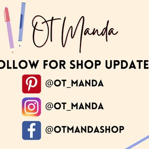 May include: A graphic with the text "OTmanda" in black cursive script. Below the text is the phrase "FOLLOW FOR SHOP UPDATES!" in black text. Below that are three social media icons with usernames: Pinterest (@OT_MANDA), Instagram (@OT_MANDA), and Facebook (@OTMANDASHOP).