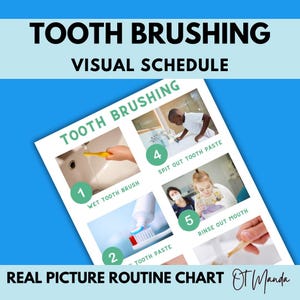 May include: A visual schedule for tooth brushing with five steps illustrated with real photos. The steps are: 1. Wet tooth brush, 2. Tooth paste, 3. Brush teeth, 4. Spit out tooth paste, 5. Rinse out mouth.