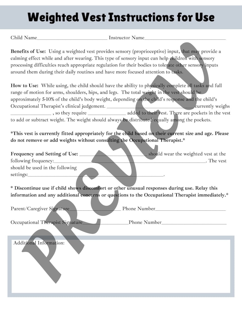 Weighted Vest Instructions, Tracking Log, Wearing Schedule, and