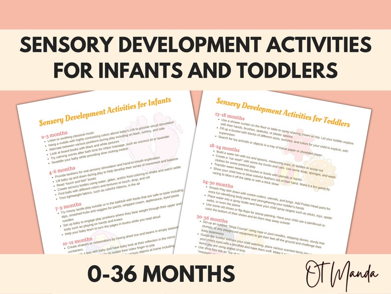 May include: A pink and white printable chart with the title "Sensory Development Activities for Infants and Toddlers". The chart lists age-appropriate activities for infants and toddlers from 0-36 months. The chart is divided into two sections, one for infants and one for toddlers. Each section lists activities for different age ranges.