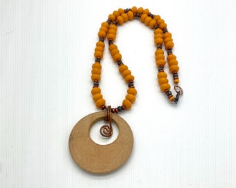 Handmade Orange Glass Bead Necklace, Wood Pendant, Bohemian Jewelry