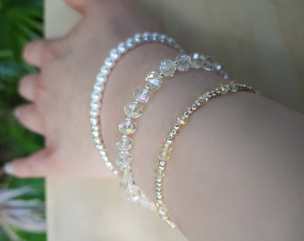 Glass Pearl, Aurora Borealis Clear Swarovski Crystal & SIlver-Dipped Seed Bead Bracelet Set