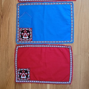 Vintage Pennsylvania Dutch Placemats Red and Blue Set of 3