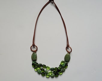 Boho Moss Green Agate Necklace, Olive Green Beaded Necklace