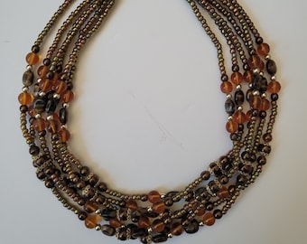 Vintage Brown and Green Beaded 6 Strand Necklace, Multicolored Costume Jewelry