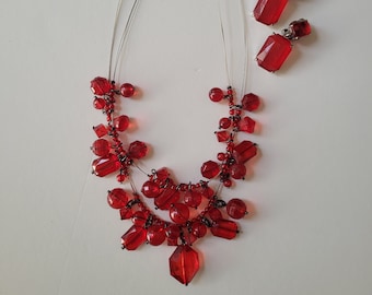 Vintage Red Crystal Beaded Necklace with Clip Earrings