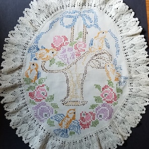 Vintage Tablecloth, Flower and Birds Tablecloth, Embroidered Table Linen, Crocheted Tablecloth,  25&quot; x 21&quot;, 1940&#39;s