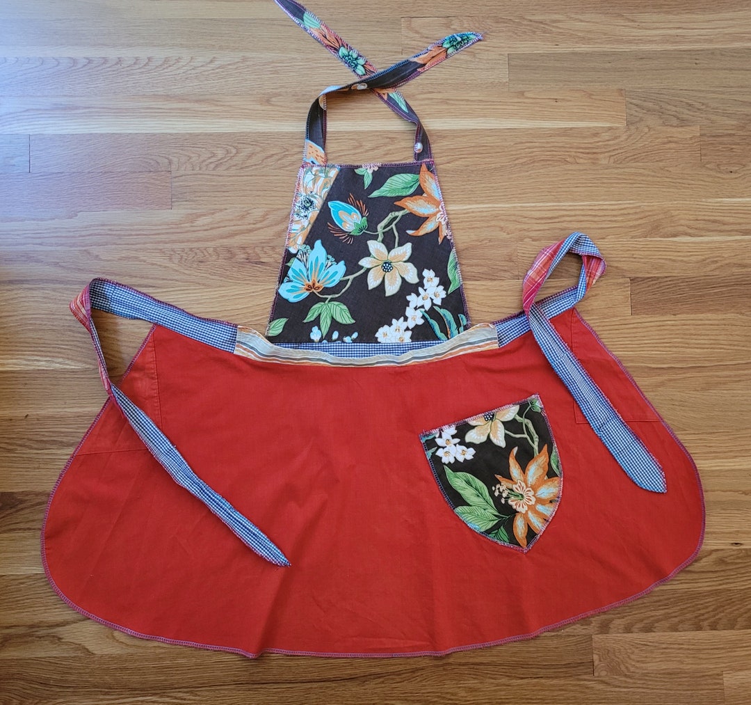 Handmade Red Cotton Apron: Farmhouse Style With Floral Pocket - Etsy