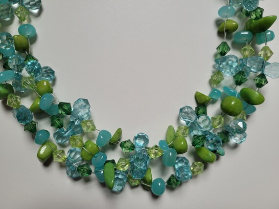 Vintage Light Blue and Green Sparking 3 Strand Ne… - image 2