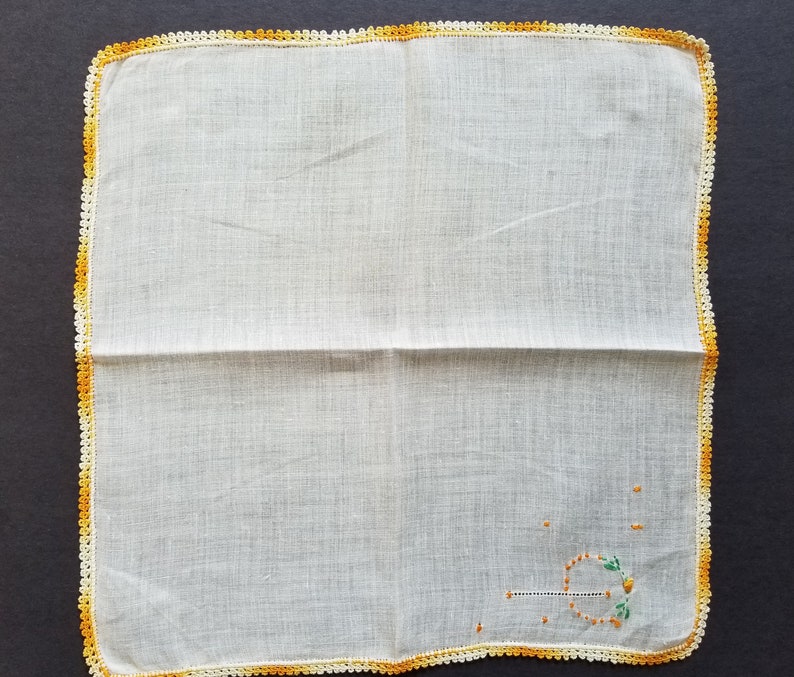 12 Square Crochet Vintage Cotton Handkerchiefs Orange Yellow Floral Embroidered