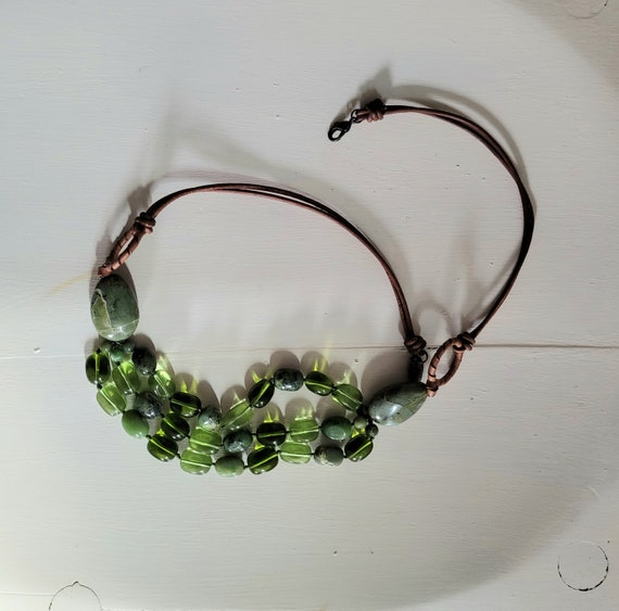 Boho Moss Green Agate Necklace, Olive Green Beade… - image 3