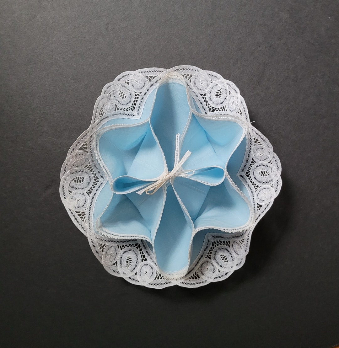 Vintage Blue and Lace Roll Cover, Blue Battenberg Lace Bread Basket ...