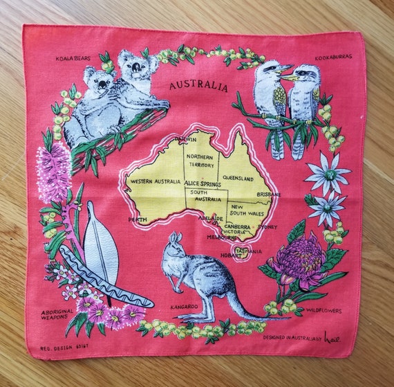 Vintage Souvenir Australia Map handkerchief hanky,Designed by heil,