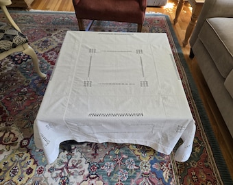 Vintage White Cutwork Pulled Thread Tablecloth, Cotton, 49"x48"