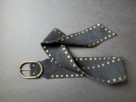Vintage Black Wide Suede Riveted Belt, Boho Hippi… - image 2