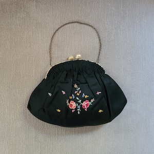 Monedero vintage de seda negra con motivos florales, bolso de mano negro de estilo eduardiano fabricado en Francia