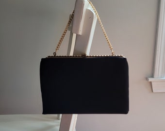 Vintage Black Faille Handbag: 1950s Dressy Clutch with Gold Chain