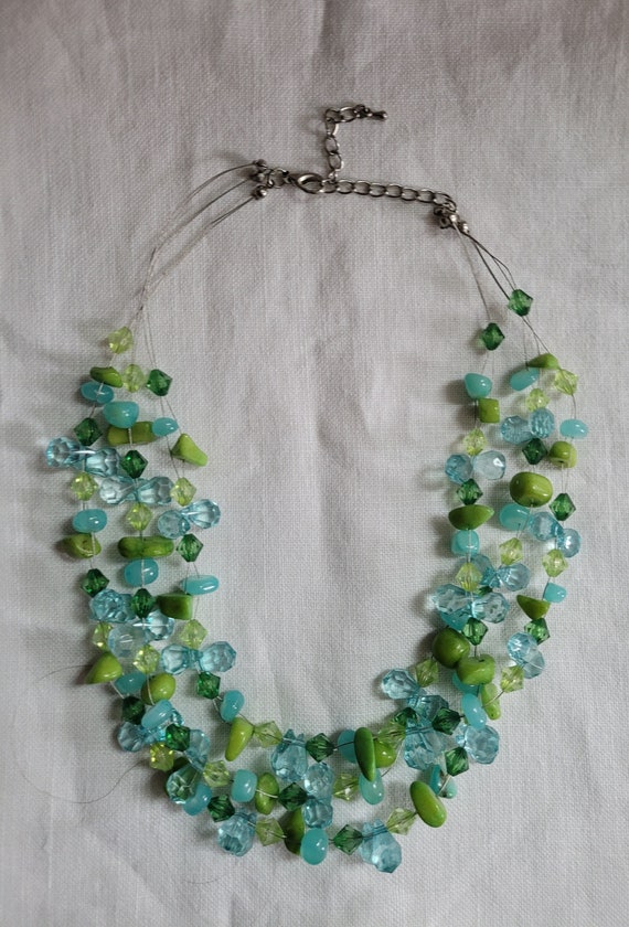 Vintage Light Blue and Green Sparking 3 Strand Ne… - image 5