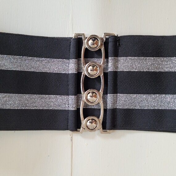 Vintage 80s Black Wide Elastic Belt: Silver Interlocking 