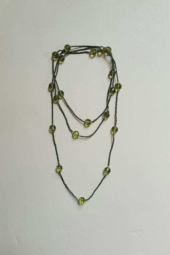 Vintage Long Green Beaded Necklace, Olive Green Fa