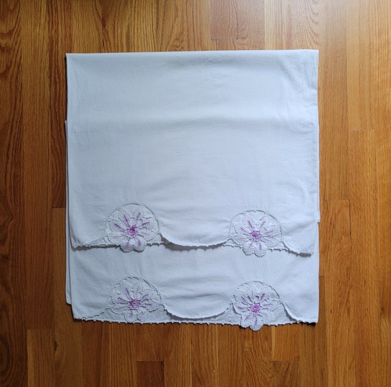 Vintage White Cotton Pillowcases with Crocheted Purple Flowers, Set of 2