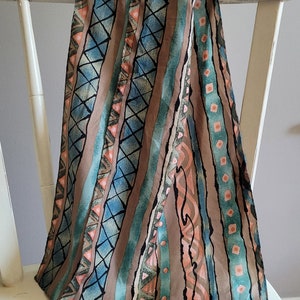 Vintage Boho Turquoise, Pink, Green, Tan Print Scarf, Silk Multicolored Long Scarf, 58&quot; x 11&quot;