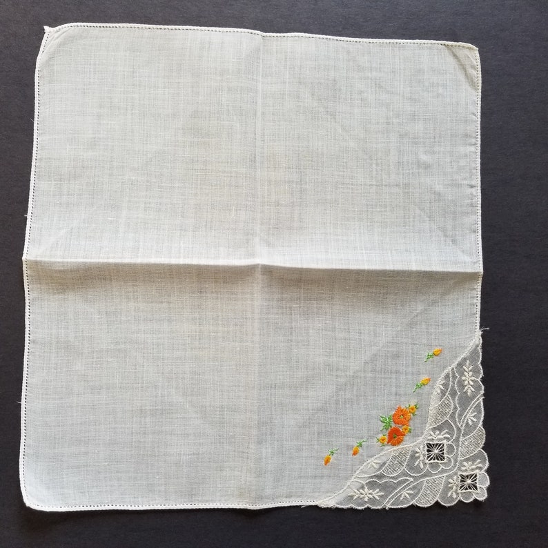 12 Square Crochet Vintage Cotton Handkerchiefs Orange Yellow Floral Embroidered