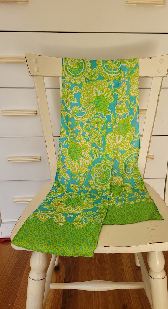 Vintage Blue and Green Flower Long  Scarf, Neon Gr