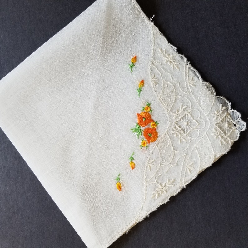 12 Square Crochet Vintage Cotton Handkerchiefs Orange Yellow Floral Embroidered