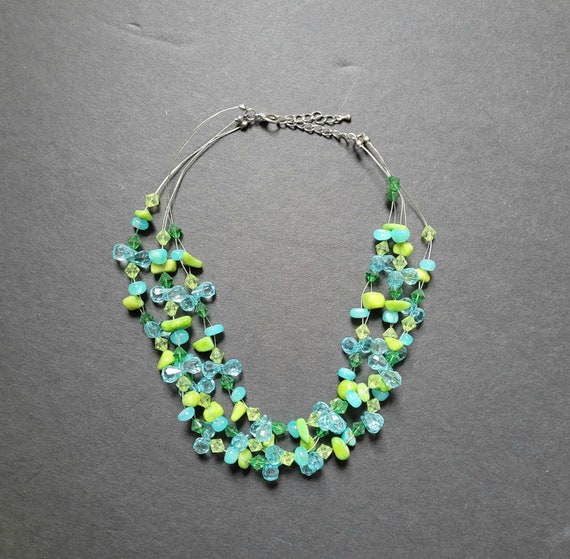 Vintage Light Blue and Green Sparking 3 Strand Ne… - image 4