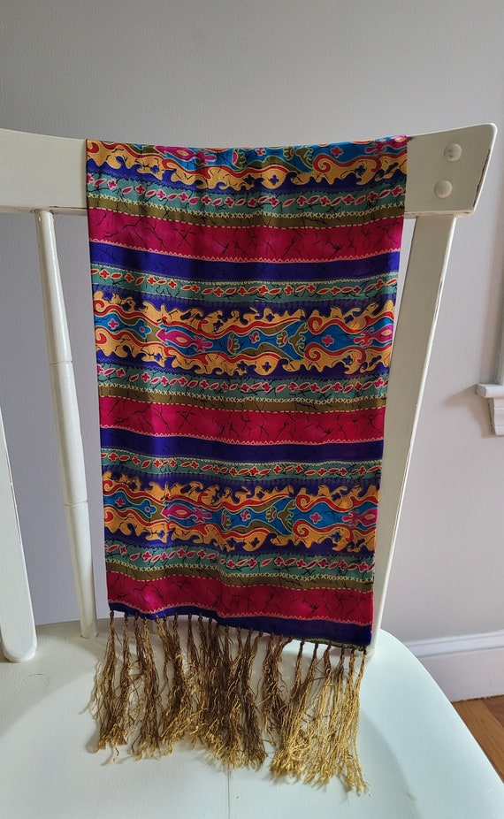 Vintage Jewel Toned Long Silk Scarf with Fringe, P