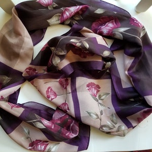 Vintage Floral Scarf/Fall Scarf/Long Scarf/Brown, Maroon, Tan Colored/Chiffon Scarf/Made in Italy/60&quot; x 13&quot;