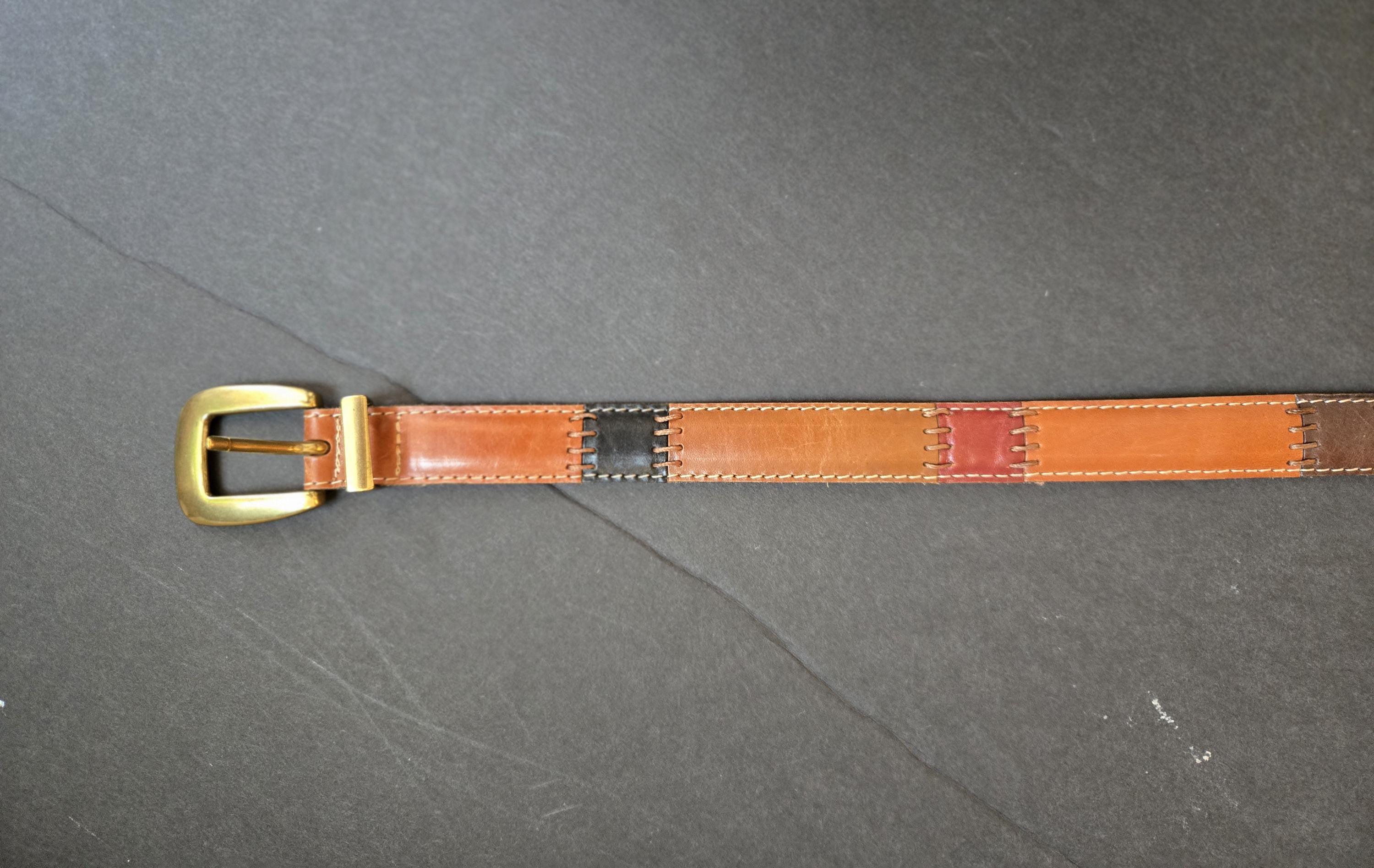 Vintage Multicolored Patchwork Tan Red & Blue Color Block Leather Belt Men main image 2