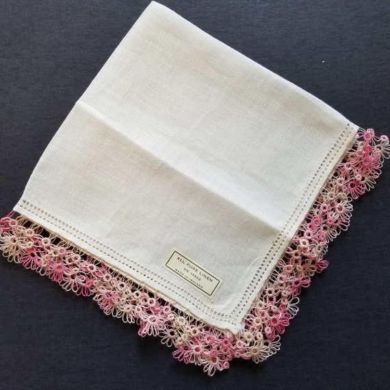 Vintage Irish Linen Handkerchief, Pink Flowers, Cr