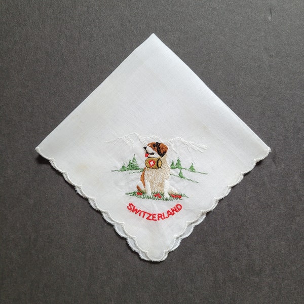 Vintage Switzerland Handkerchief, Swiss St. Bernard Souvenir Hankie