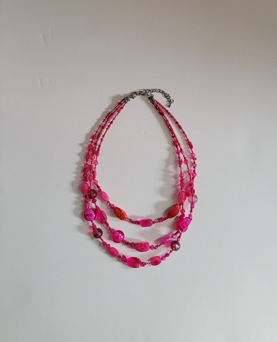 Vintage Pink 3 Strand Beaded Necklace, Mod Pink Ne