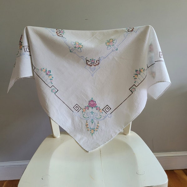 Vintage White Cotton with Embroidered Flowers Tablecloth, 1960's